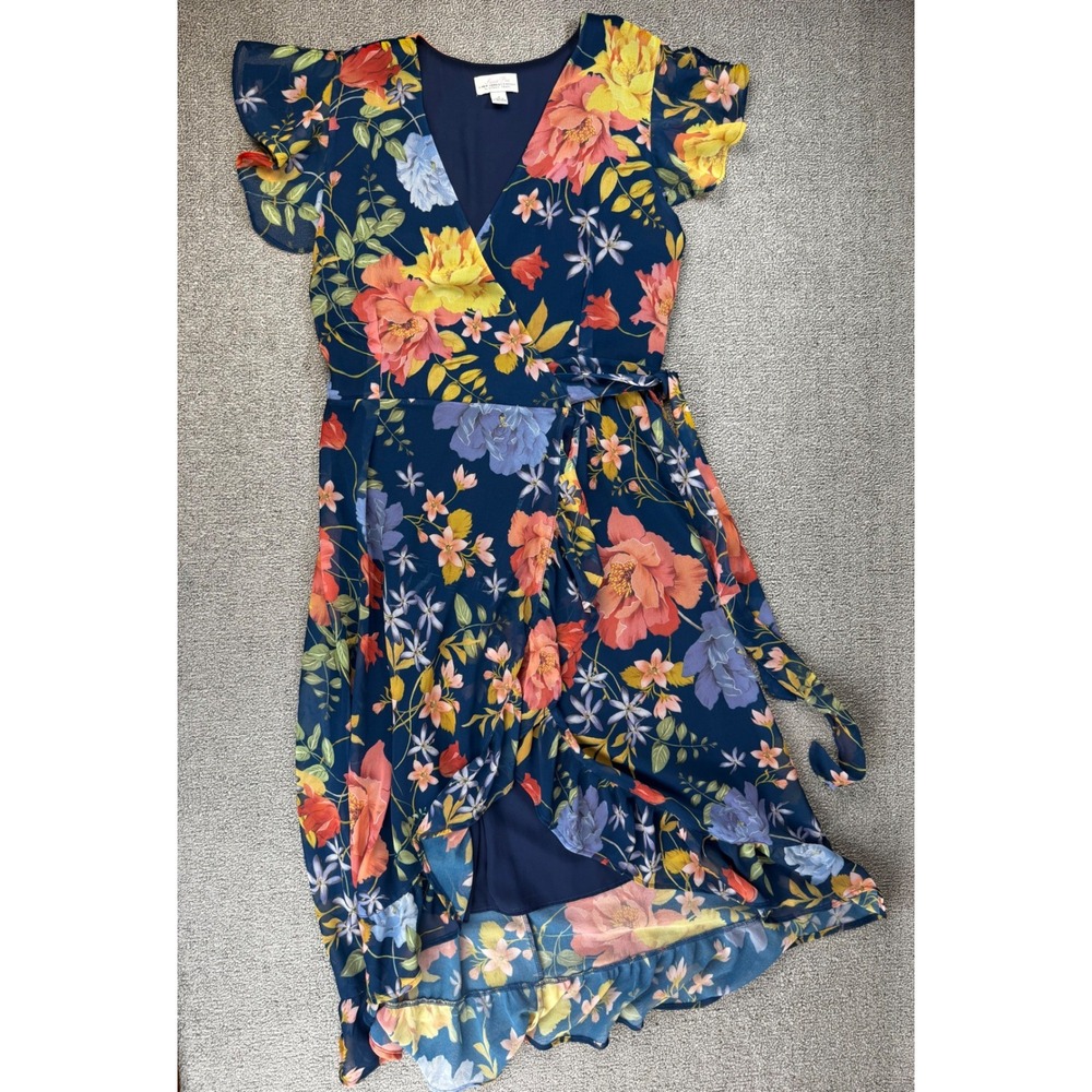 Sweet Pea Dress Medium Navy Blue Floral Wrap Midi High Low‎ Ruffle Garden